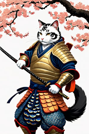 A majestic samurai cat, donning koi-armor and wielding a sword on a pristine white background. The whiskered warrior's piercing gaze is fixed intently upon the delicate fish, its scales glistening in the soft, serene light. Intricate armor plating adorns the feline form, evoking the refined artistry of Kanō Tan'yū and Utagawa Kuniyoshi. Delicately colored hues dance across the composition, as if infused with the gentle wisps of Japanese clouds.,ukiyo_e,japanese,Japanese style rooms, A Traditional Japanese Art