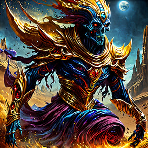 DonM3l3m3nt4lXL, a close up of a statue of an alien, official splash art, an undead desert lich pharaoh, rot, colors with gold and dark blue, keyframe illustration, phantom list, insane face, hextech, scarab, skullish