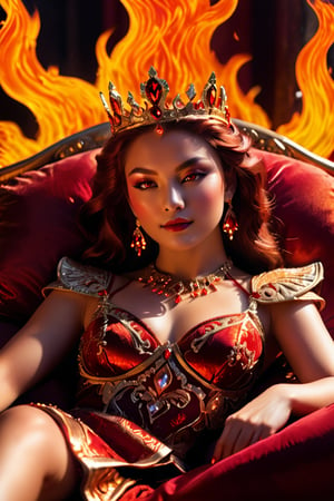 A mesmerizing fire Empress sits majestically amidst a backdrop of fiery hues, her crystalline crown gleaming in the warm light. She reclines upon plush, crimson pillows, exuding confidence as a captivating subject for a high-fashion photo shoot. Soft, golden illumination dances across her features, highlighting the embers burning within.