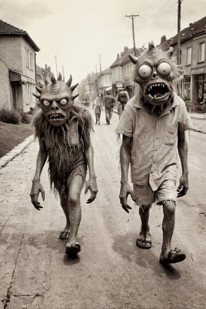 Monsters on a walk, Pixart studio, old, shabby photos, with broken corners, sepia, photorealism, hyperrealism, professional photo, ultrarealism