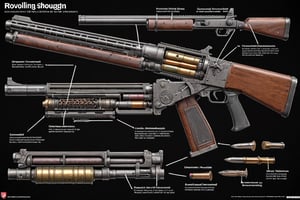 A detailed diagram of a revolving shotgun is presented, showing its various parts and mechanisms. The gun is shown in section, the barrel and other components are clearly visible. Displays of used ammunition