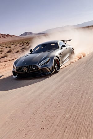 A gunmetal grey Mercedes AMG GT Black Series blasts down a deserted desert highway, kicking up a cloud of dust in its wake. The car is captured in a moment of exhilarating speed, with motion blur emphasizing its dynamic lines and powerful engine. Extremely Realistic