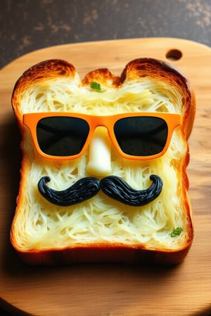 A piece of bread has a face made out of sauerkraut on it. There is a pair of orange sunglasses on top of the bread with a black mustache. The bread is sitting on a wooden cutting board.