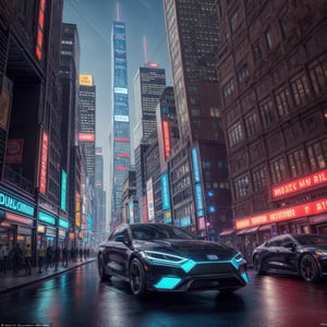 A futuristic passenger car glides effortlessly through a neon-lit metropolis. The sleek, streamlined vehicle's body glows with a soft, translucent sheen, punctuated by vibrant neon accents that dance across its surface. In the background, towering skyscrapers and holographic advertisements pierce the smog-filled sky, as a bustling cityscape hums with activity. The drawing is a masterpiece of precision and detail, capturing every nuance of this futuristic wonderland in breathtaking quality.,super_automobile,Extremely Realistic