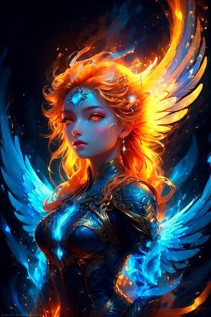 A captivating digital art piece featuring a mysterious figure with their face purposefully hidden. The figure boasts intricately detailed, swirling hair in shades of blue and white, creating an impression of stylized waves. Behind the figure's head, there is a glowing, circular element reminiscent of a halo, with a bright orange color that contrasts with the cool tones of the hair. A wing-like structure, resembling feathers or a similar texture, glows with an orange-yellow hue and extends from one side of the figure. The dark background emphasizes the figure and its radiant elements. The central part of the face is deliberately blurred for reasons of privacy or artistic intent. This visually stunning image evokes dark fantasy, vibrant colors, and a cinematic feel, suitable for a poster, painting, or conceptual art piece.