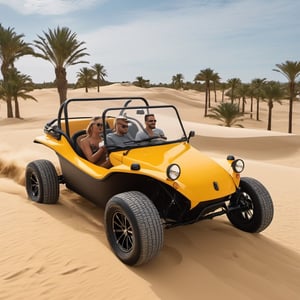  Sandy beach, palm trees, sand dunes, there was a buggy rally. Beautiful, top quality, professional shooting, masterpiece, aesthetically pleasing, in the style of Boris Vallejo