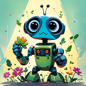 A cute Robot, reminiscent of WALL-E from the cartoon of the same name, is in the center of the frame, holding out a small flower as a sign of friendship and care. large, expressive eyes look at the flower with tenderness and curiosity, reflecting its childish naivety and kindness. Around the robot, a small green sprout in his hand symbolizes hope for a better future. Its metal body, slightly scratched and worn by time, adds touchingness to the image. The background of the cartoon is made in soft, muted colors, emphasizing the warmth and light emanating from this simple gesture.