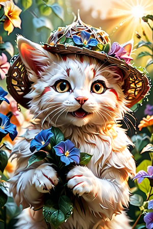 In 'Dawn's Radiant Awakening', a petite, anthropomorphic kitten with an endearing expression and fluffy whiskers, donning a miniature gardening hat, gently tends to a vibrant bouquet of morning glories in a lush, overgrown garden. The first rays of the sun peek above the horizon, casting a warm, golden light upon the scene. Every petal, every leaf, and every dew-kissed spider web is meticulously rendered in hyper-detailed, ultra-high definition, as if captured with precision from a macro lens.