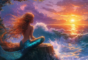 
Mermaid sitting on a rock, eyes closed, hair flowing in the wind, vibrant sunset casting golden hues, shimmering fins reflecting light, intricate scales sparkling, ethereal ambiance reminiscent of Anne Stokes, surreal underwater flora surrounding, whimsical waves softly crashing, dreamy color palette blending oranges and purples, delicate brushwork enhancing textures, airy clouds framing the scene, fantasy art evoking a mystical realm.,digital painting