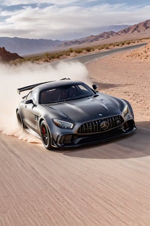 A gunmetal grey Mercedes AMG GT Black Series blasts down a deserted desert highway, kicking up a cloud of dust in its wake. The car is captured in a moment of exhilarating speed, with motion blur emphasizing its dynamic lines and powerful engine. Extremely Realistic