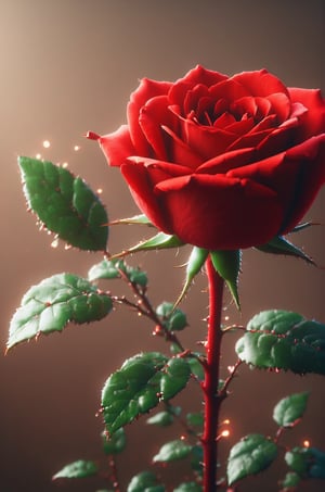 ap0l0veh3art5 style, ((red rose)), green stem, thorns, warm atmosphere, perfect composition, ultrahigh detail, UHD, 8k wallpaper, octane render, simple colour gradient background, bokeh lights