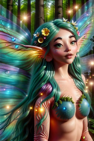 In a lush, verdant forest, a whimsical fairy stands amidst a tapestry of vibrant flora, her delicate features aglow in soft, ethereal light. Her big, beautiful eyes sparkle like gemstones, while her green hair flows like a river of emeralds, adorned with intricately woven flowers that seem to dance in the gentle breeze. The fairy's petite nose and plump cheeks give way to a mischievous grin, as if she's privy to a secret only the forest can share. Boris Vallejo-inspired fantasy art comes alive in this high-definition CGI masterpiece, showcasing the enchanting beauty of nature with meticulous attention to detail.,fairytale,tpgrtfiry,Fairy,DonMF41ryW1ng5XL