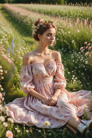 Soft focus captures the serene scene: a young woman sits amidst a sea of wildflowers, her hands deftly weaving a wreath of blooms. She wears a delicate light pink and white off-the-shoulder dress adorned with printed flowers, perfectly complementing her rosy locks gathered in a high bun, with loose strands framing her face. Summer sneakers clad her legs, while the warm sunlight casts a gentle glow on her peaceful pose amidst the vibrant meadow.