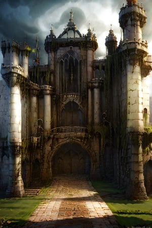 an old Gothic castle, with partially collapsed castle walls, a moat around the castle and an earthen rampart, a descending bridge over the moat, a large gate. Gothic, fantasy, aesthetics, Professional photo, focus on the castle courtyard, ISO- 250