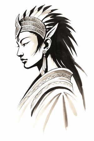 Sumi-E style of just the profile of an inner goddess in warrior outfit in their power no background,  studio lighting