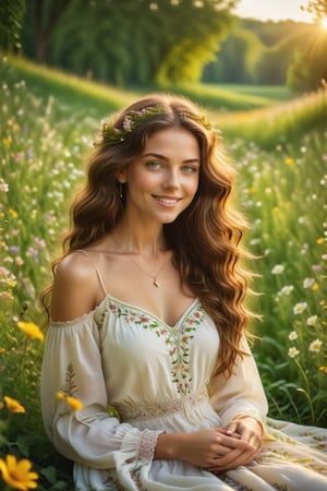 Soft focus captures the serene scene: a young beauty with rich brown locks and piercing green eyes sits amidst a tapestry of wildflowers in a lush meadow. Her gentle smile, reminiscent of a heart's tender curve, radiates warmth as she basks in the soft, golden light of late afternoon. Framed by delicate petals and whisper-thin stems, her Rococo-inspired elegance is a masterpiece of natural beauty.