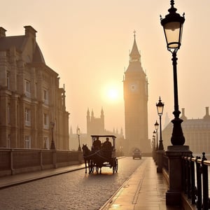 A sepia-toned dawn breaks over London Bridge's ancient stones as Victorian-era elegance unfolds. Horse-drawn carriages glide smoothly along cobblestone streets, while the morning sun ascends behind a gradient sky of gentle oranges and pinks. Foggy mist veils the city's intricate architecture, softened by wet watercolor hues that evoke a sense of history and nostalgia.