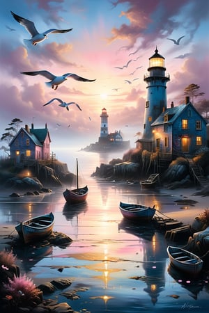 A captivating, high-quality oil painting that masterfully captures the essence of a mystical coastal village at dawn. The scene is a perfect blend of dark fantasy, wildlife photography, graffiti, and conceptual art. The luminous boat, filled with early risers, sails through the glistening, mist-covered harbor, casting a golden glow on the tranquil waters. The seagulls with glowing eyes soar above, their reflections dancing in the rippling sea. The charming, weathered buildings with intricate details line the shore, and the old lighthouse stands proudly in the foreground. The sky is a serene mix of soft pinks and deep blues, hinting at the first light of day. This artwork tells a story of mystique, wonder, and tranquility, transporting the viewer into a magical world., graffiti, wildlife photography, more detail XL