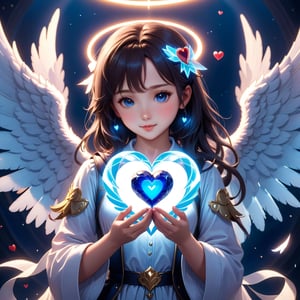 a girl with angel wings holding a heart, detailed game art illustration, 🎀 🪓 🧚, global illuminaition, an ai generated image, circle, 2 0 1 9 anime, focus on card, epic music album cover, lower quality, the artist has used bright, blue image, healer, reluvy5213