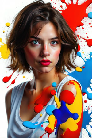 A stunning realism 3D render, professional photo ISO-150 of a young girl with short, brown hair and striking blue eyes. She wears a sleeveless white top, and her vibrant red lips add a bold pop of color. The background is a creatively abstract canvas of white and subtle paint splatters, providing an artistic atmosphere. The overall feel of the image is vivid and captivating, showcasing the artist's skill in creating a dynamic portrait., lowkey portrait of, Hunyuanportrait