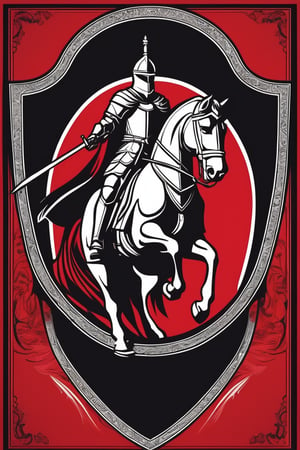 A striking illustration of a heraldic shield featuring a knight on horseback, rendered in a linear style with black outlines on a red background. The knight wears medieval armor and a closed helmet, with delicate twists mimicking a cloak and elements of his attire. The armored horse is in a dynamic pose, lifting its front legs, adding movement to the image. A ribbon beneath the shield reads "Korsow." This captivating piece showcases elements of dark fantasy, cinematography,