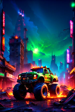 Raze the ruins: A behemoth of a monster truck, forged from twisted metal and fueled by fury, crashes through the desolate streets of a post-apocalyptic metropolis. Amidst the wreckage, a lone survivor grasps a rifle, eyes fixed on the horizon. The air is thick with the stench of decay as darkness descends, casting long shadows across crumbling skyscrapers. In this ultra-detailed, UHD-worthy scene, gunmetal gray and rust red tones dominate, punctuated by flashes of neon green from twisted wiring. приглушенное освещение plunges the viewer into a world of perpetual twilight, where only the strongest will survive.