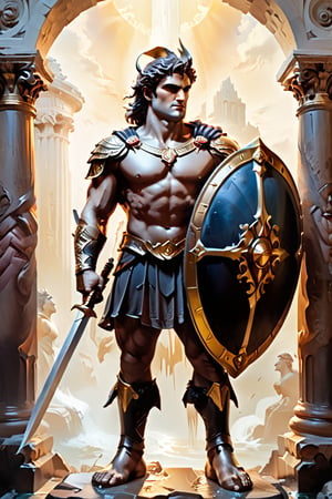 A captivating high-definition photo illustration of the legendary Greek hero Perseus, standing triumphantly with his sword and shield. The warm golden light accentuates his chiseled features and illuminates the surrounding area. In the foreground, a velvety chocolate figure begins to melt beneath his feet, adding a striking contrast to the scene. This spectacular image, styled after the work of Boris Vallejo, transports viewers into a world of mythical grandeur and mystique. The meticulously crafted details, compositional harmony, and dark fantasy theme make it a striking poster, painting, or 3D render that invites further contemplation and admiration., poster, painting, conceptual art, photo, architecture, typography, 3d render, vibrant, dark fantasy, cinematic, illustration