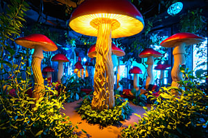 A whimsical, surreal interior space filled with towering, fantastical mushroom-shaped forms in a vibrant palette of earthy tones and iridescent hues.
Imagined in the style of the visionary Austrian artist and architect Friedensreich Hundertwasser, the space exudes a sense of organic wonder and playful, biomorphic elegance.
The viewer is transported into a dreamlike, enchanted realm where the boundaries between nature and design blur, evoking a sense of curiosity and delight.