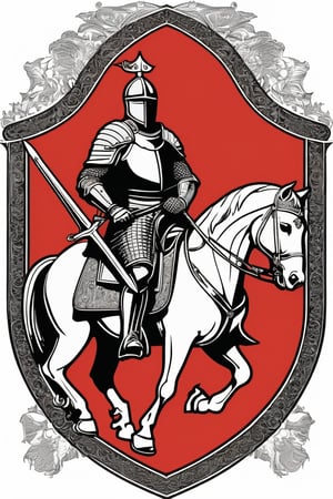 A striking illustration of a heraldic shield featuring a knight on horseback, rendered in a linear style with black outlines on a red background. The knight wears medieval armor and a closed helmet, with delicate twists mimicking a cloak and elements of his attire. The armored horse is in a dynamic pose, lifting its front legs, adding movement to the image. A ribbon beneath the shield reads "Korsow." This captivating piece showcases elements of dark fantasy, cinematography,sketch