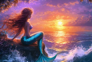 
Mermaid sitting on a rock, eyes closed, hair flowing in the wind, vibrant sunset casting golden hues, shimmering fins reflecting light, intricate scales sparkling, ethereal ambiance reminiscent of Anne Stokes, surreal underwater flora surrounding, whimsical waves softly crashing, dreamy color palette blending oranges and purples, delicate brushwork enhancing textures, airy clouds framing the scene, fantasy art evoking a mystical realm.,digital painting