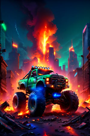 Raze the ruins: A behemoth of a monster truck, forged from twisted metal and fueled by fury, crashes through the desolate streets of a post-apocalyptic metropolis. Amidst the wreckage, a lone survivor grasps a rifle, eyes fixed on the horizon. The air is thick with the stench of decay as darkness descends, casting long shadows across crumbling skyscrapers. In this ultra-detailed, UHD-worthy scene, gunmetal gray and rust red tones dominate, punctuated by flashes of neon green from twisted wiring. приглушенное освещение plunges the viewer into a world of perpetual twilight, where only the strongest will survive.