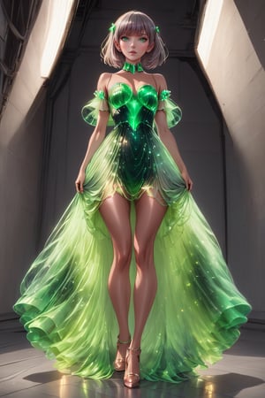 1 girl, pale beige hair, dress, short dress, pale green dress, solo, standing, light brown hair, long hair, green eyes, average breasts, grey background, bangs, bare legs, bare shoulders, choker, collarbone, dress, full body, looking at viewer, off-shoulder dress, off shoulder, short dress, standing, strapless dress