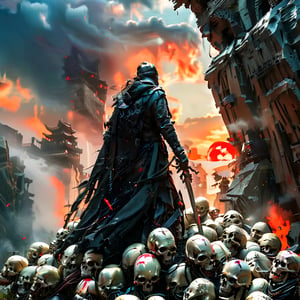 A dark fantasy masterpiece: A hooded monk-warrior, Death, stands atop a hill of human skulls and otherworldly creatures against an ominous mountain backdrop at sunset. The figure's leather-adorned robe, gray cloak, and black gloves contrast with the vibrant color palette, evoking Boris Vallejo's style. Framed by the setting sun, the character exudes power and mystery.,adamcnbldg style