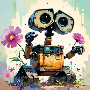 A whimsical still-life captures the tender moment: a WALL-E inspired robot, with expressive large eyes, holds out a small flower as a symbol of friendship and care. The metal body, slightly scratched and worn, adds a touching layer of vulnerability. In the background, soft muted colors evoke warmth and light, focusing attention on the robot's hopeful grasp of a sprouting green stem, representing a brighter future.