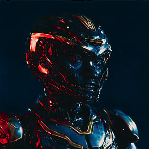 A stylized robotic figure with a dual-colored helmet, predominantly black and gold. The helmet has a sleek design with sharp edges and glowing blue eyes. The robot's chest and shoulder area are also colored in red, with intricate mechanical details visible. The background is dark, emphasizing the robot's vibrant colors. The word 'BOT INSPECTOR' is prominently displayed below the robot, suggesting its name or the title of a game or project.