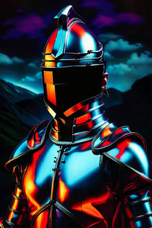 A conceptual photograph of a man made of gleaming liquid metal, in shades of gray, adorned in intricate medieval knight armor. The dark, mysterious aesthetic is highlighted with vibrant colors for a cinematic feel. The background shows a dark, mystical landscape, with typography in the foreground adding depth to the portrait. The high-quality, ultra-detailed image embodies dark fantasy in a conceptually arresting manner.