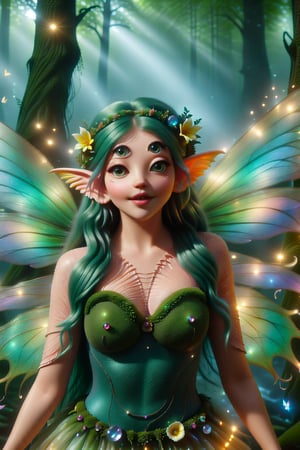 In a lush, verdant forest, a whimsical fairy stands amidst a tapestry of vibrant flora, her delicate features aglow in soft, ethereal light. Her big, beautiful eyes sparkle like gemstones, while her green hair flows like a river of emeralds, adorned with intricately woven flowers that seem to dance in the gentle breeze. The fairy's petite nose and plump cheeks give way to a mischievous grin, as if she's privy to a secret only the forest can share. Boris Vallejo-inspired fantasy art comes alive in this high-definition CGI masterpiece, showcasing the enchanting beauty of nature with meticulous attention to detail.,fairytale,tpgrtfiry,Fairy,DonMF41ryW1ng5XL