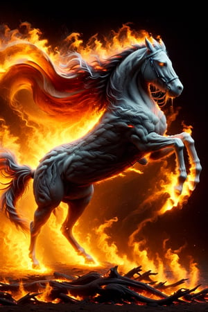 A majestic battlehorse gallops through a fiery inferno, flames engulfing its mane and tail as it rears up on hind legs, nostrils flared and ears laid back, amidst a backdrop of scorched earth and charred trees, the warmth of the blaze illuminating its muscular physique.,Headless Horseman,Mustang,faize,ElementFire