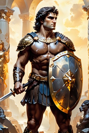 Magnificent Perseus, legendary hero of ancient Greece, stands poised with sword and shield, his chiseled features illuminated by warm golden light, as a rich, velvety chocolate figure begins to melt beneath him. The camera captures the scene in stunning high-definition, with meticulous attention to detail and compositional harmony. In the style of Boris Vallejo, the image exudes mythological grandeur, inviting the viewer to step into an realm of wonder and enchantment.