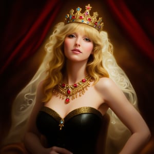 a fantasy princess surrounded by an atmosphere of luxury and magic. She wears an ornate crown adorned with blue and red gemstones that sparkle in the light. A white veil falls gently over her long, wavy blonde hair, adding mystery and sophistication to her look.

Around the princess's neck is a magnificent necklace with red stones set in gold, which emphasizes her royal status. Her outfit features a black corset with gold trim along the top edge that elegantly accentuates her figure.

A piece of red curtain or fabric can be seen in the background, creating the feeling of a rich interior, perhaps a throne room or royal chambers. The whole image of the princess radiates grandeur and grace, as if she had stepped out of the pages of a fairy tale.