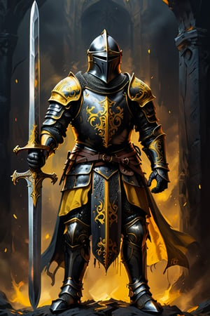 A captivating and detailed illustration of a medieval knight, clad in black and yellow armor, standing proudly with his massive sword held vertically before him. The banner "DEUS VULT" is firmly planted beneath his feet, symbolizing his unwavering devotion and purpose. This stunning artwork exudes historical authenticity, showcasing the essence of warriors, medieval themes, and the legendary aura of knights and their mottos. The vibrant color palette of black, yellow, and gold creates a dark fantasy atmosphere that would be perfect for discussions, posters, paintings, or conceptual art projects. The image's rich details and dynamic composition 