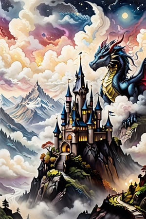 A majestic masterpiece depicting a regal dragon perched atop a misty mountain, where clouds swirl and twinkling stars dot the celestial canvas. Below, a centuries-old gothic castle stands sentinel, its turrets and towers reaching towards the mystical realm. The surrounding landscape is alive with subtle shading and vibrant hues, achieved through meticulous application of colored pencils and felt-tip pens.