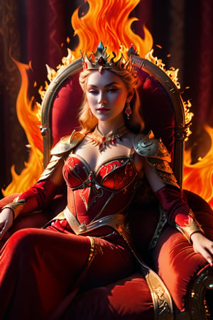 A mesmerizing fire Empress sits majestically amidst a backdrop of fiery hues, her crystalline crown gleaming in the warm light. She reclines upon plush, crimson pillows, exuding confidence as a captivating subject for a high-fashion photo shoot. Soft, golden illumination dances across her features, highlighting the embers burning within.