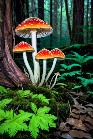 Luminescent mushrooms illuminate a mystical forest floor, casting an ethereal glow on the surrounding flora and fauna. The intricate patterns and vivid colors of high fashion garments create a mesmerizing tapestry of opulence and elegance, each detail carefully designed to captivate the beholder. Whether it's the iridescent sheen of fabric or the precision of embellishments, every element exudes a stunning level of intricacy and craftsmanship., illustration, fashion, conceptual art, wildlife photography