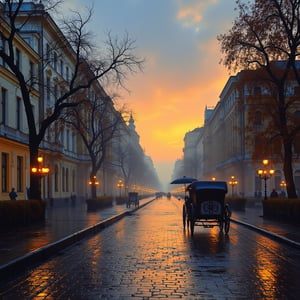 Rain-kissed Saint Petersburg, 18th century autumn. A gradient sunset sky weeps over rain-soaked cobblestone streets, ornate carriages glide through mist as a solitary figure under an umbrella navigates the wet pavement. Puddles reflect the fading light, casting ripples of color. Elegant architecture rises like a canvas of ornate details, set against the atmospheric essence of the period. Pointillism techniques weave impressionist textures, capturing the city's essence in this op-art style masterpiece.