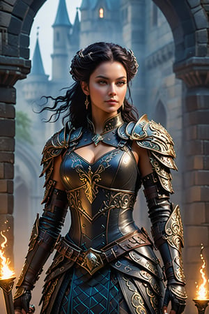 Within a dimly lit, misty courtyard of a foreboding Gothic castle, a young lady warrior emerges from the shadows. Her raven tresses flow like a waterfall down her back, as she dons futuristic armor adorned with metallic scales and supple leather straps. The warm glow of torches casts long shadows across the stone flags, while the dark silhouette of the castle looms behind. In this 3D render, Rococo-inspired curves and ornate details dance across the warrior's suit, blending medieval mystique with modern ingenuity.,portrait art style,portraitart