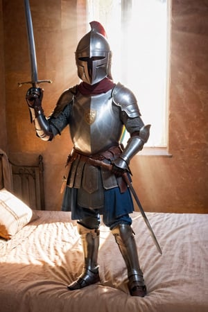 1boy, weapon, male focus, sword, indoors, armor, bed, sunlight, helmet, polearm, gauntlets, shield, light rays, sunbeam, knight, full armor