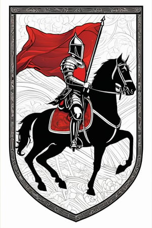 A striking illustration of a heraldic shield featuring a knight on horseback, rendered in a linear style with black outlines on a red background. The knight wears medieval armor and a closed helmet, with delicate twists mimicking a cloak and elements of his attire. The armored horse is in a dynamic pose, lifting its front legs, adding movement to the image. A ribbon beneath the shield reads "Korsow." This captivating piece showcases elements of dark fantasy, cinematography,sketch