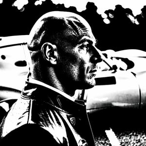 solo, 1boy, monochrome, greyscale, male focus, profile, copyright name, portrait, bald, round image,Porsche