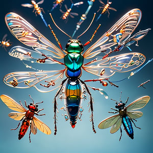 A stunning shot frames a mesmerizing composition of glass insects suspended in mid-air, bathed in soft, diffused light. The transparent wings and bodies of moths, dragonflies, and beetles refract the light, casting delicate shadows and amplifying their ethereal beauty. Every detail is worked with precision, as if frozen in weightlessness. The camera captures the intricate edges and fine details of these glass creations, drawing the viewer into their surreal, magical realm.